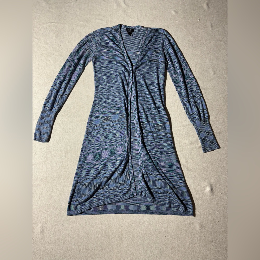 BCBG Blue Green Space Dye Knit Long Button Front Cardigan Duster Sweater Dress
